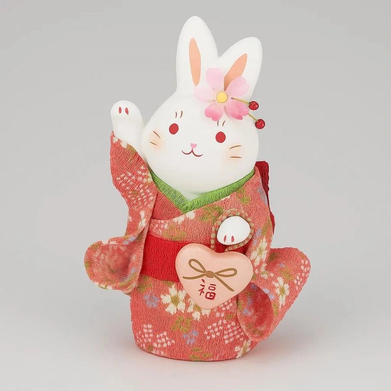 Lapin blanc céramique, HANAUSAGI FUKU, kimono rose